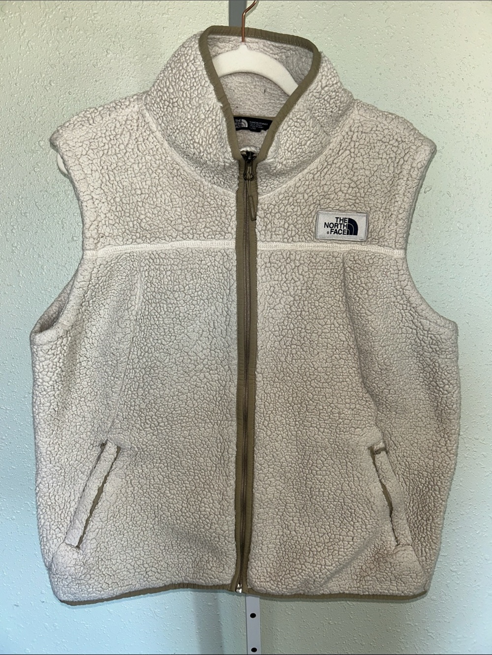 The North Face Kids Cream Sherpa Zip Vest with Olive Trim